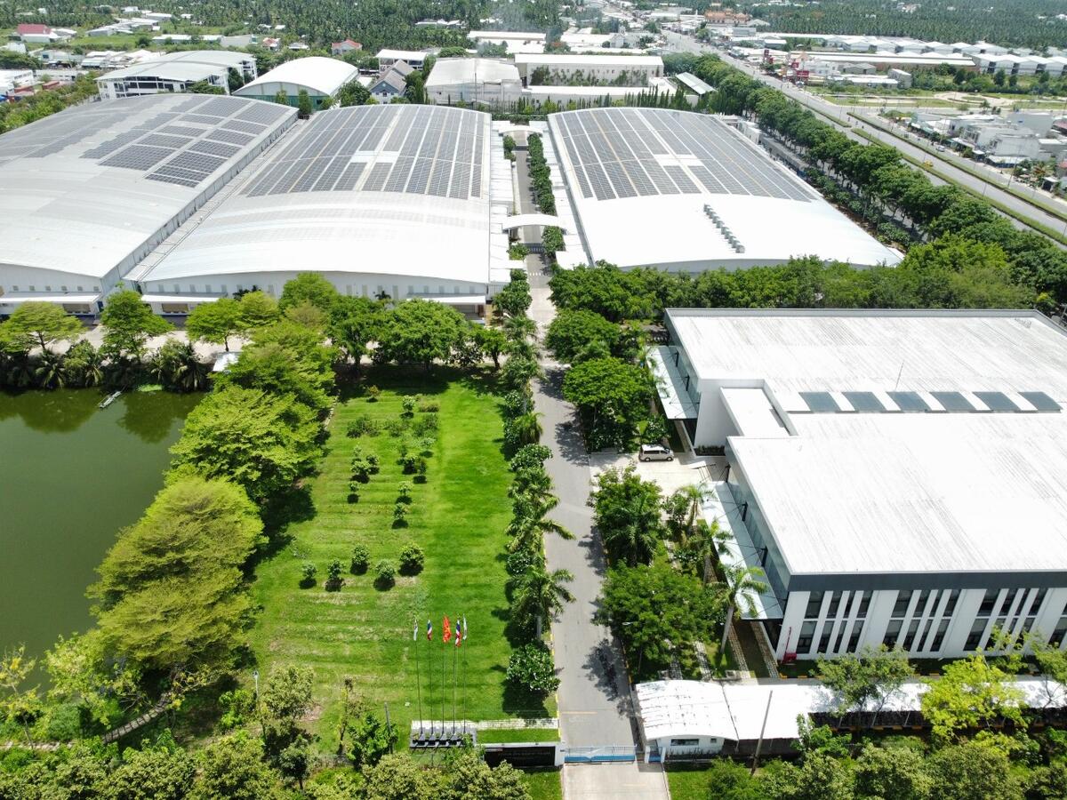 A factory roof with solar panels